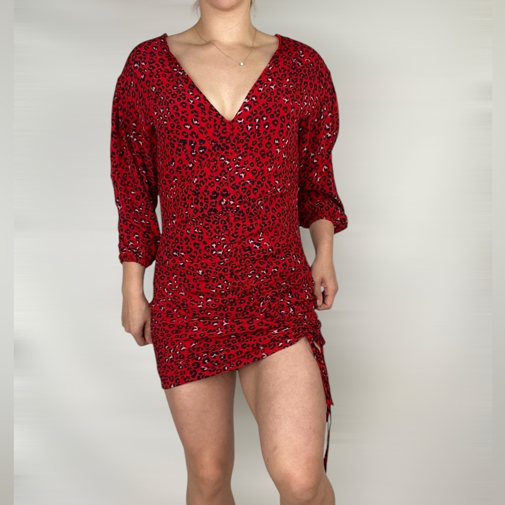 LOVERS + FRIENDS Hayden Mini Dress in Sahara Cheetah‎ V Neck Ruched Tie Scrunch